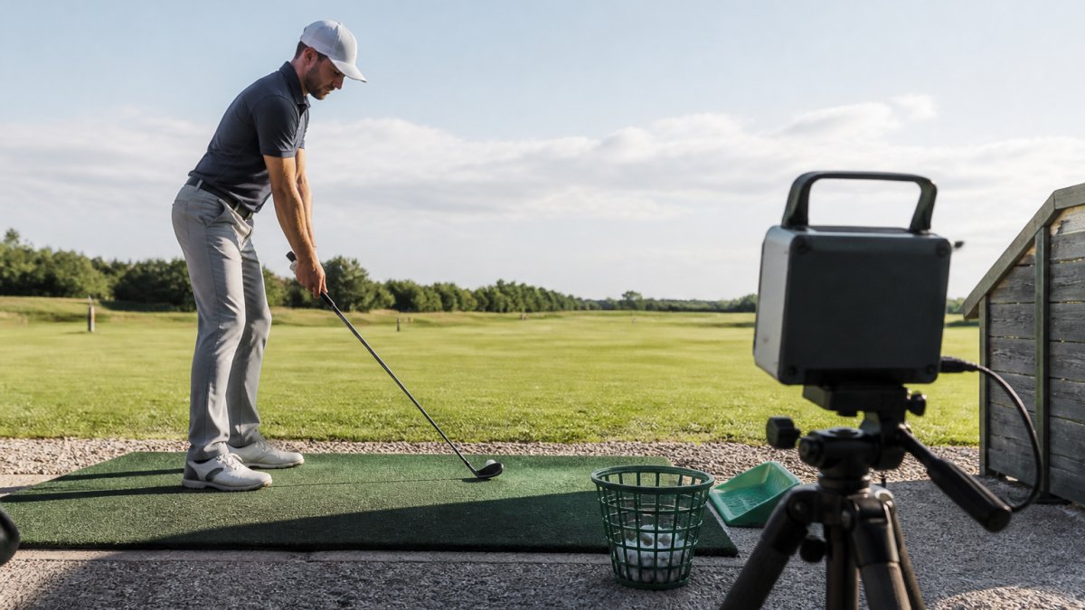 Golfer at driving range with launch monitor device positioned behind ball, checking shaft performance data on screen during testing session in bright daylight