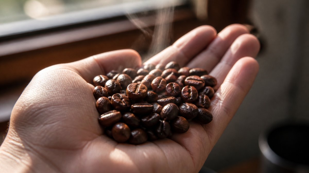Close-up of freshly roasted gourmet coffee beans in an open palm, showing rich brown color variation and glossy texture with subtle steam rising, natural window lighting