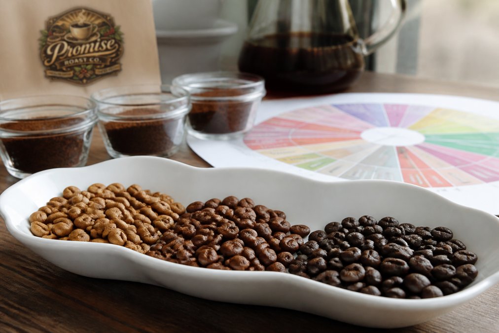 Close-up of whole coffee beans in three distinct roast levels - light, medium, and dark - arranged in a curved line on a white ceramic cupping bowl, with a color-coded coffee tasting wheel visible in soft background focus