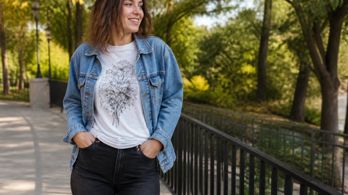 Person wearing a graphic tee styled casually with dark jeans and a denim jacket, photographed in natural daylight in a relaxed outdoor setting