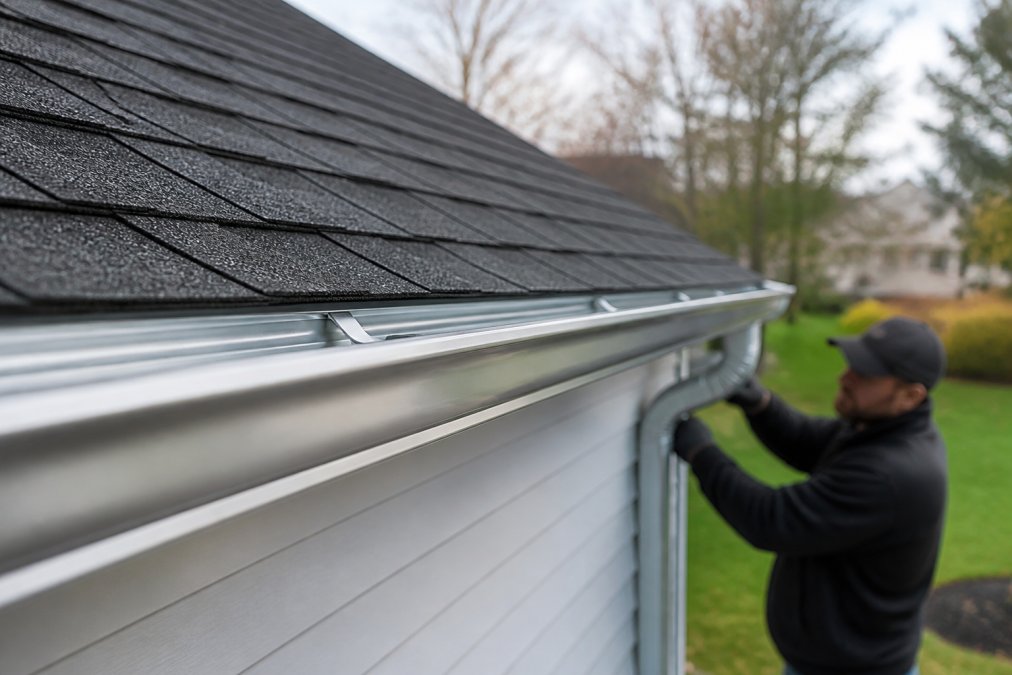 Close-up of a home's exterior showing newly installed seamless aluminum gutters along the roofline, with a contractor in the background inspecting the downspout connection