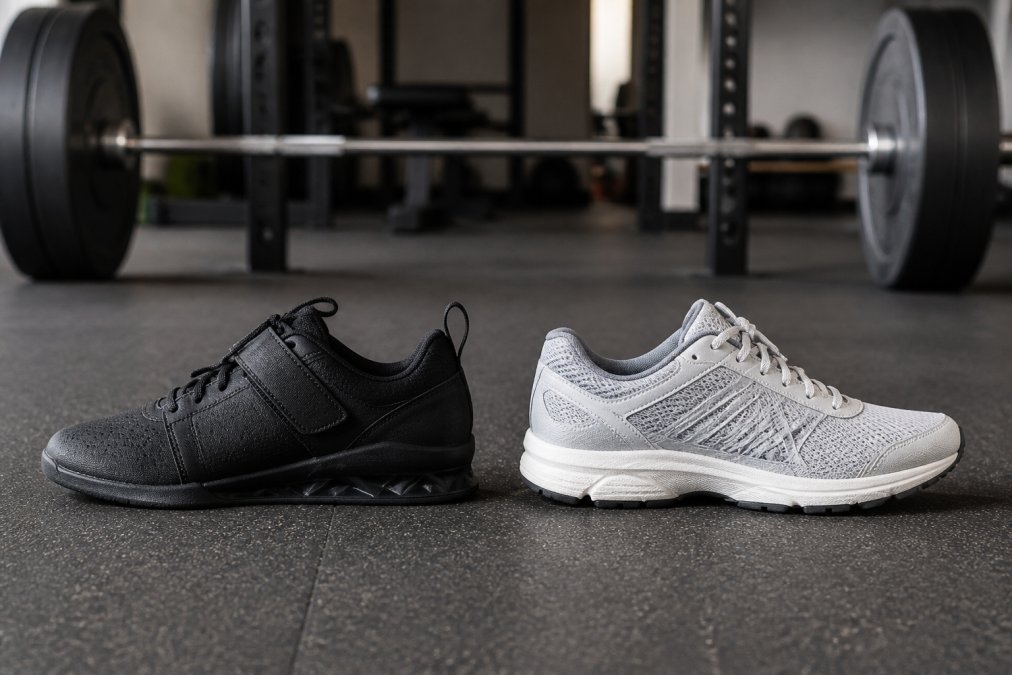 Side-by-side close-up of two pairs of athletic shoes on a gym floor, one flat-soled weightlifting shoe next to a cushioned cross-trainer, with a barbell visible in the background