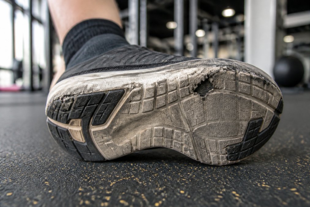 Close-up of the worn outsole of a gym shoe showing compressed midsole foam, uneven tread wear, and fraying at the forefoot area on a gym floor surface