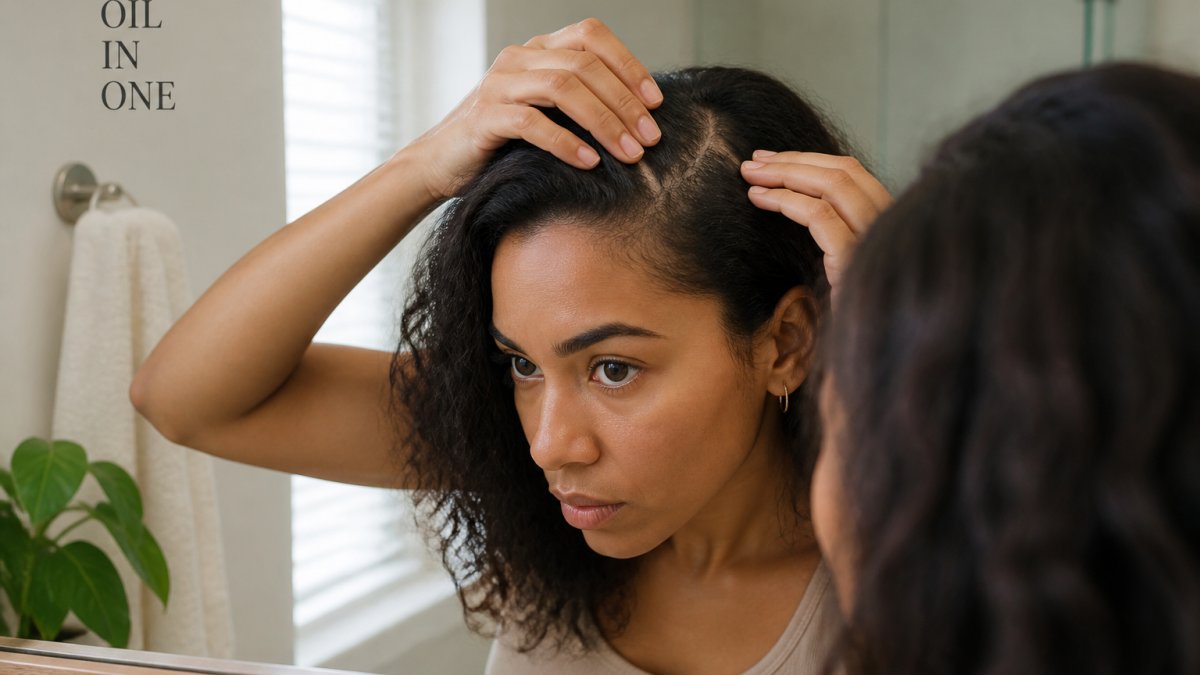 Close-up of a woman examining her scalp in a bathroom mirror, parting her hair to check for flakes, soft natural light