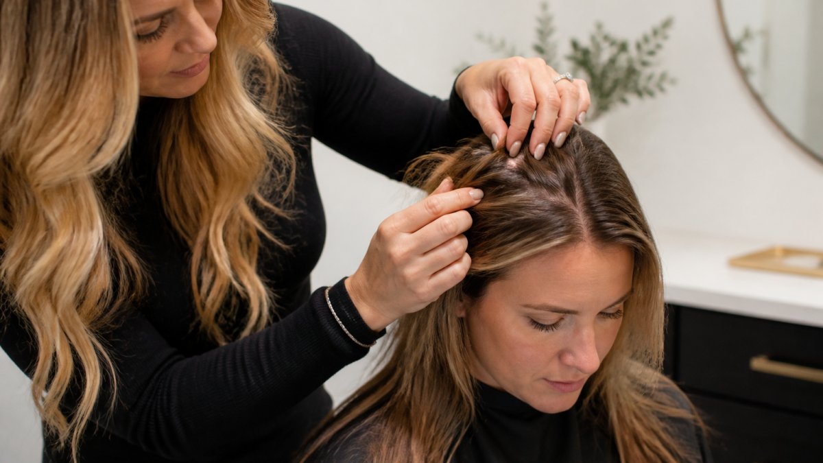 Professional stylist examining client's hair texture and density up close during consultation, natural studio lighting showing detail of hair strands