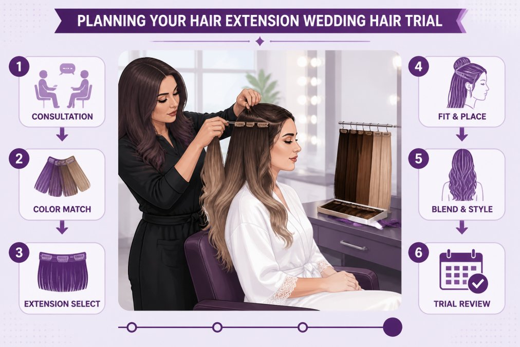 Stylist fitting clip-in hair extensions for weddings during a bridal hair trial consultation in a salon