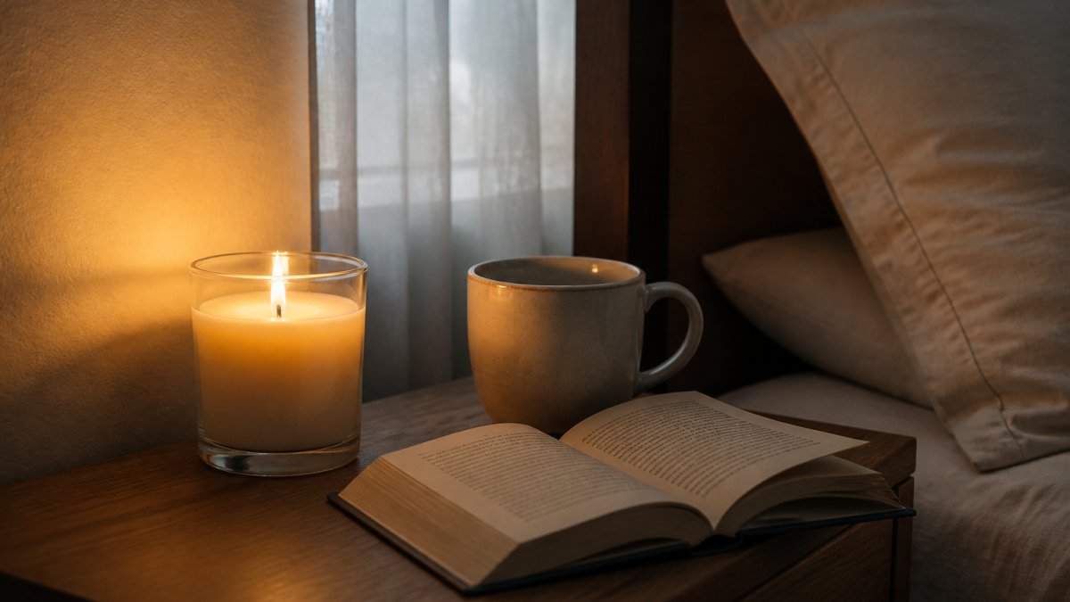 A burning soy candle on a nightstand next to an open book and mug in a softly lit bedroom