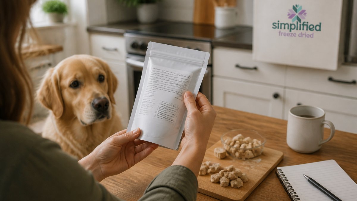 Close-up of a person's hands holding a pet treat bag and turning it over to read the ingredient panel, with a dog waiting attentively nearby in a bright home kitchen