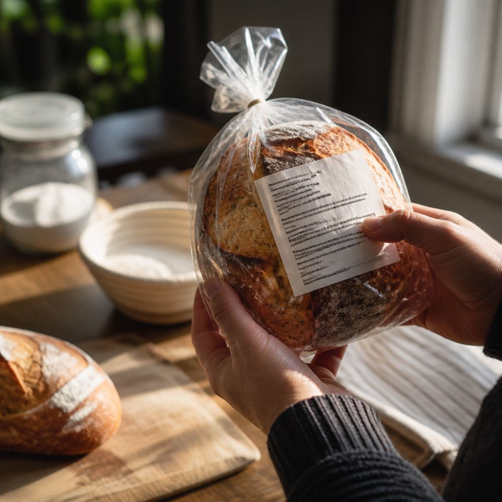 Close-up of hands holding a fresh sourdough loaf while examining the ingredient label on the packaging in natural morning light