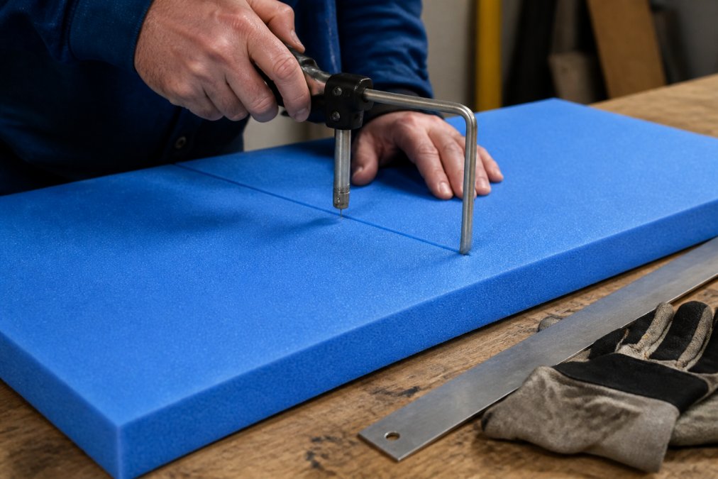 A crafter uses a hot wire tool to cut a clean edge through a thick blue sheet of high density craft foam.