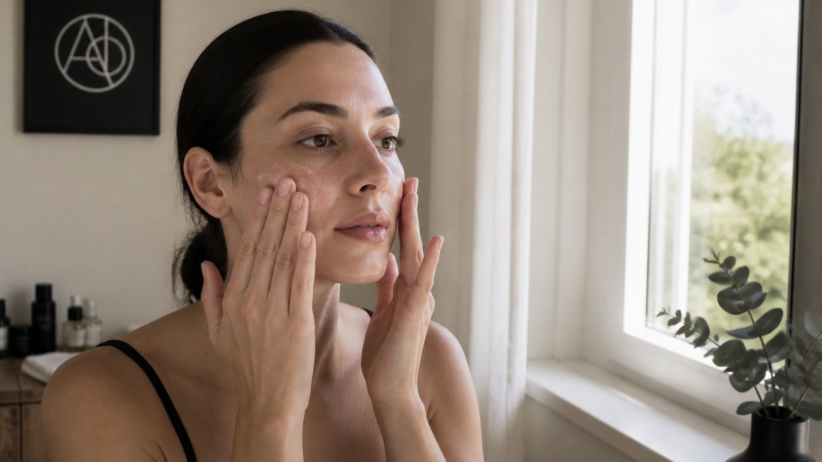 Hands gently applying primer with fingertips to skin in natural morning light for even distribution