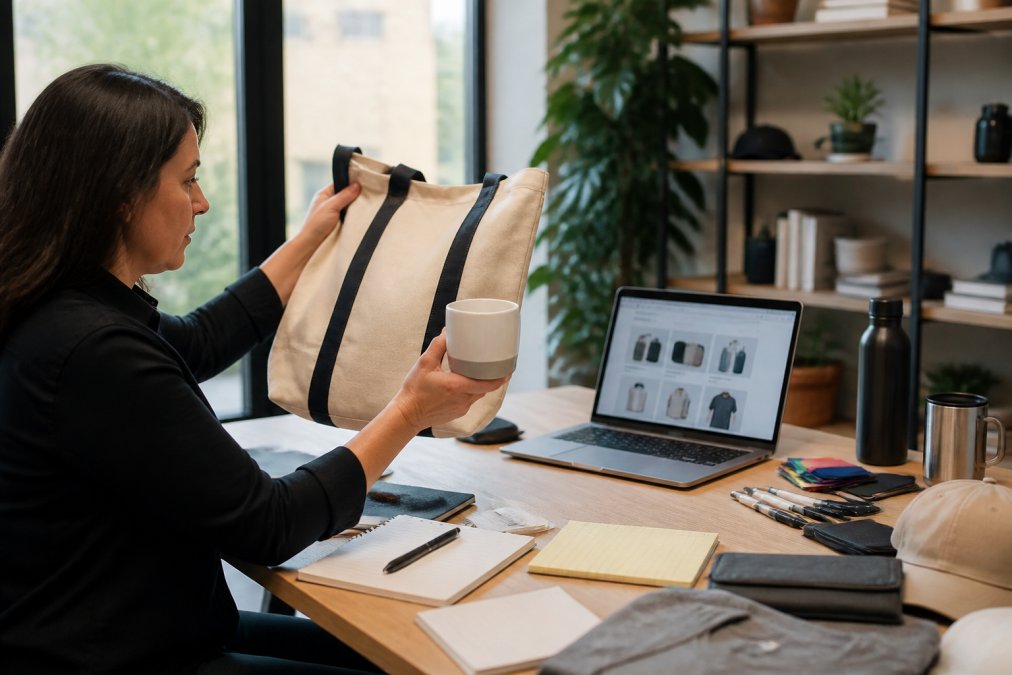 A marketing manager examining a sample branded tote bag and a printed logo mug on a desk covered with supplier samples, notebooks, and a laptop showing a supplier website