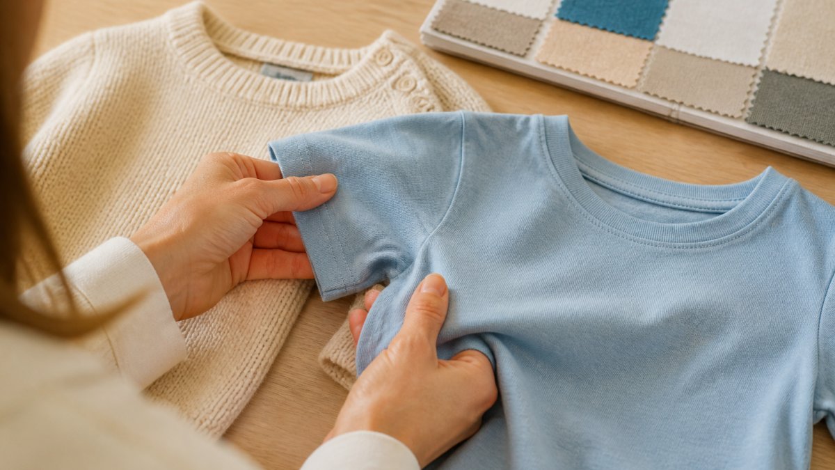 Infographic comparing fabric textures for children apparel using cotton samples and knit swatches on a wooden table.