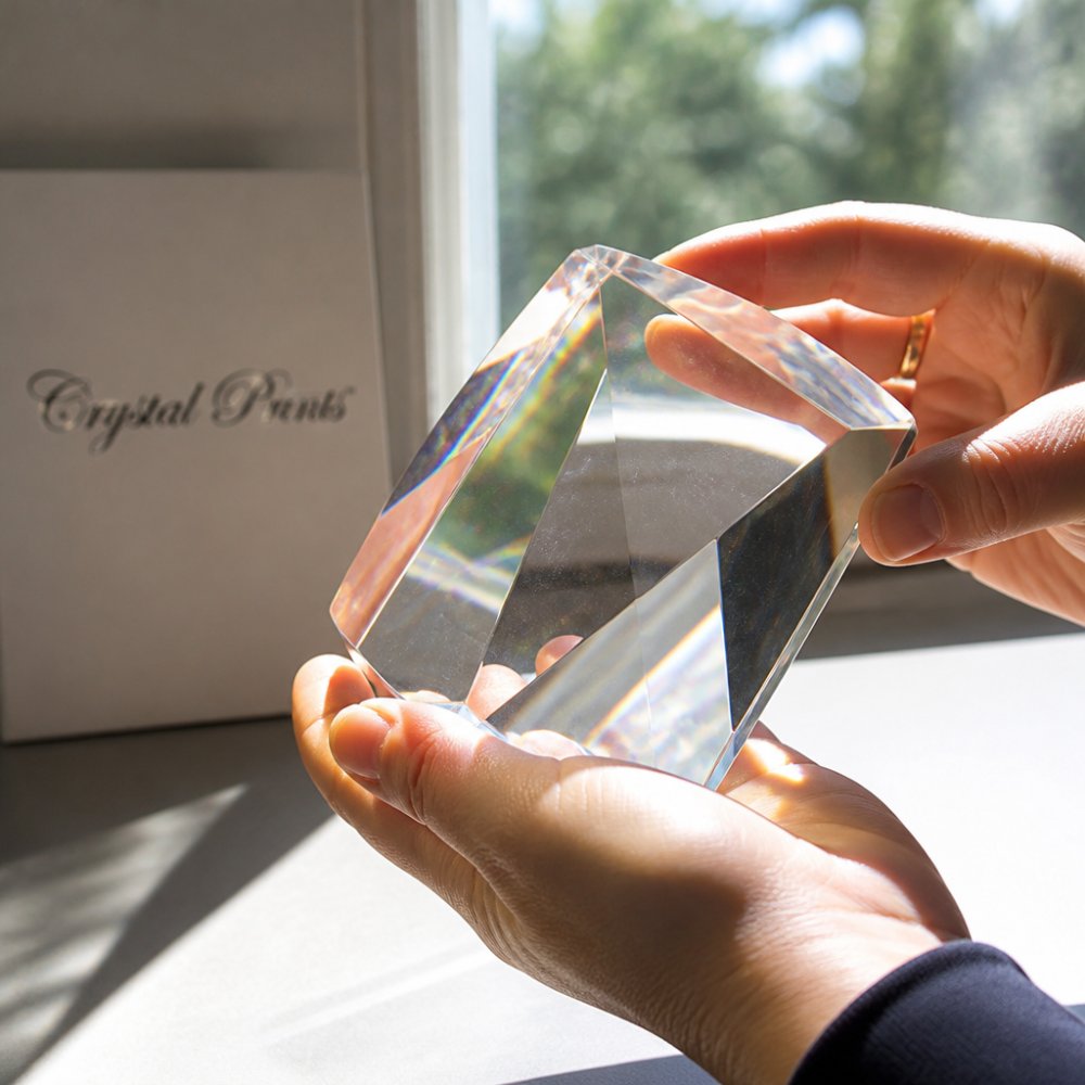 Close-up of hands holding a clear optical crystal against bright natural light, showing internal clarity and light refraction through the crystal's facets and polished surfaces