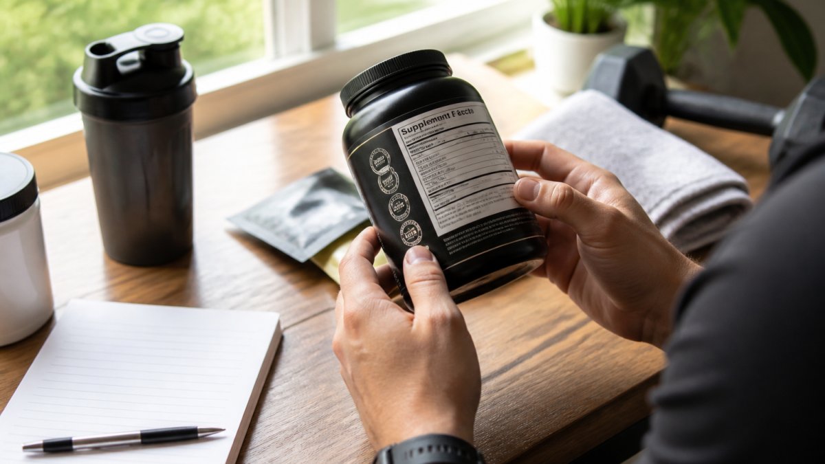 Close-up of hands examining a supplement bottle label with certification seals visible under natural sunlight, reading ingredient list and daily value percentages