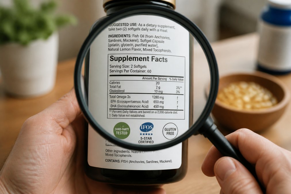 Close-up of a fish oil supplement bottle label being examined with a magnifying glass, showing ingredient list, nutrition facts, and certification seals clearly visible under natural lighting