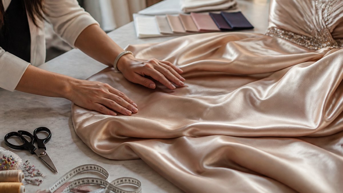 Close-up of a woman's hands running over the surface of a luxurious silk evening gown, examining the fabric's sheen and texture in soft natural light