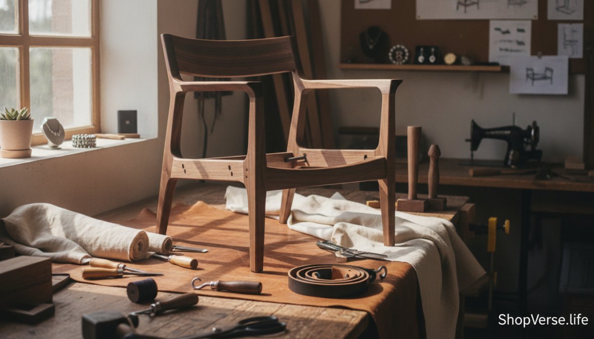 Close-up of someone running their hands along wooden furniture joints and examining fabric seams to inspect construction quality and durability