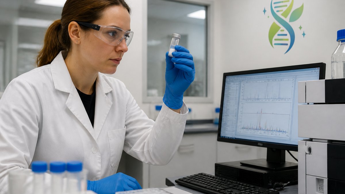 A researcher in a white lab coat and safety glasses examining a lyophilized peptide vial next to a computer displaying analytical software results in a clean, modern laboratory