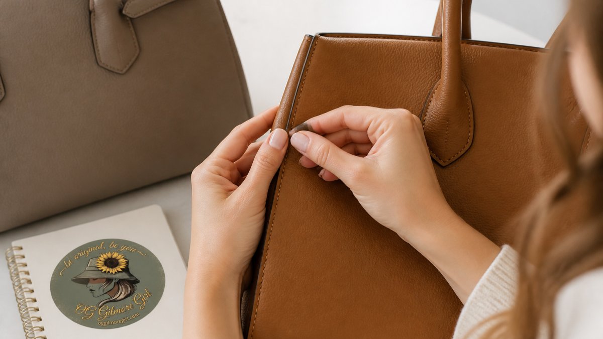 Close-up of a woman's hands inspecting the stitching and edge finishing of a tan leather handbag on a clean table, with a notebook and a second bag nearby