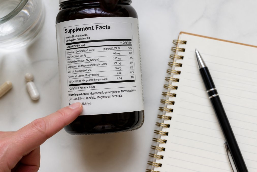 A close-up, top-down view of a Supplement Facts panel on a white table, with a finger pointing to the 'Other Ingredients' section, a small notebook and pen beside the bottle