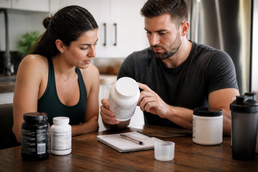Flat lay of supplement bottles with visible Supplement Facts panels, a magnifying glass, and a notepad for taking notes on a clean white surface