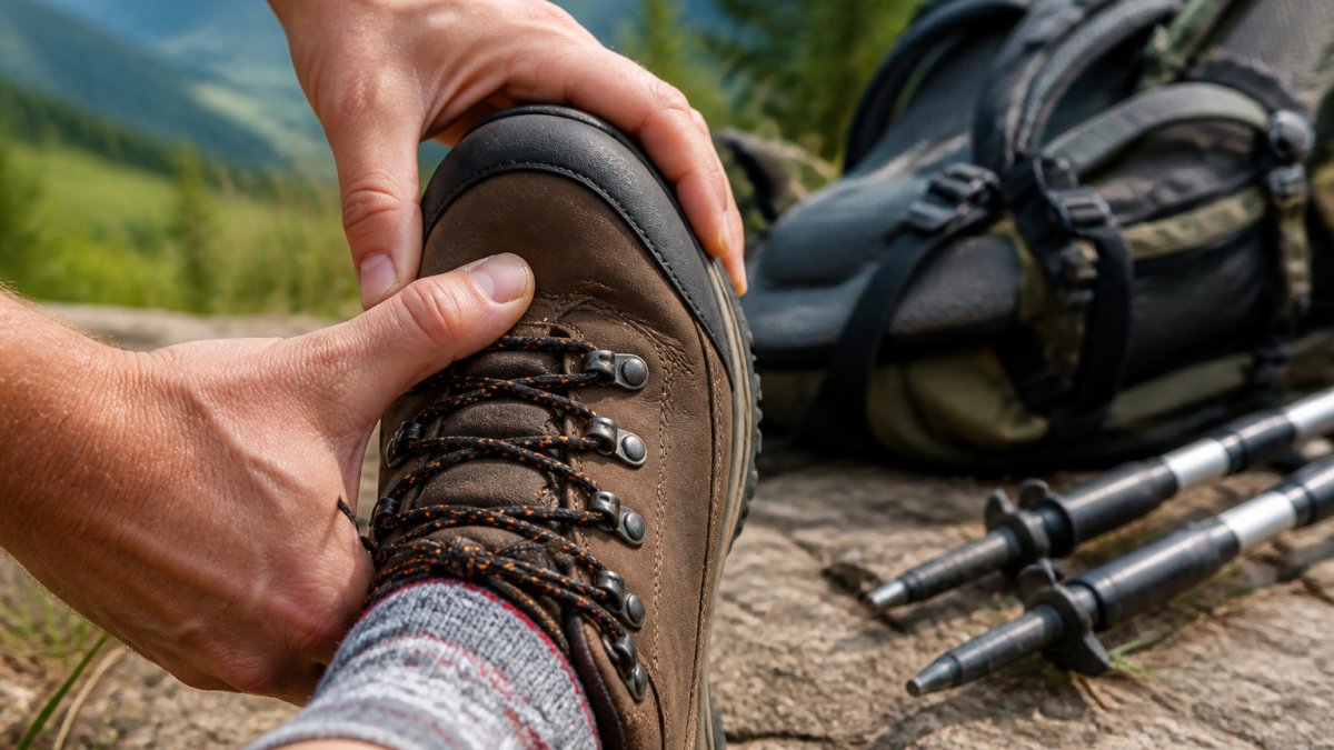 A close-up of a hiker's hands pressing the toe box of a brown leather hiking boot to check for toe room, with a thick walking sock visible on the foot, in a bright outdoor setting