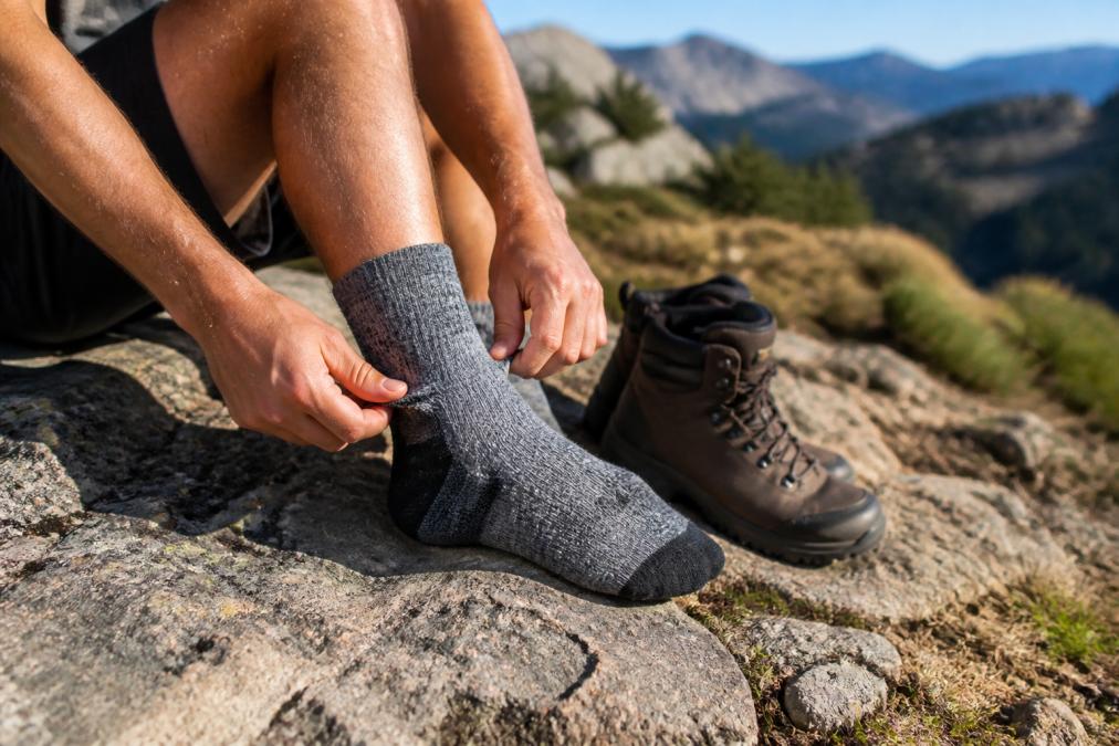 Close-up of a hiker's hands checking the fit of a hiking sock at the heel and toe area, with a hiking boot placed nearby on a rocky trail under bright afternoon sun