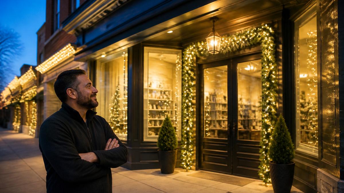 Business owner admiring a storefront entrance decorated with warm white holiday lighting at dusk