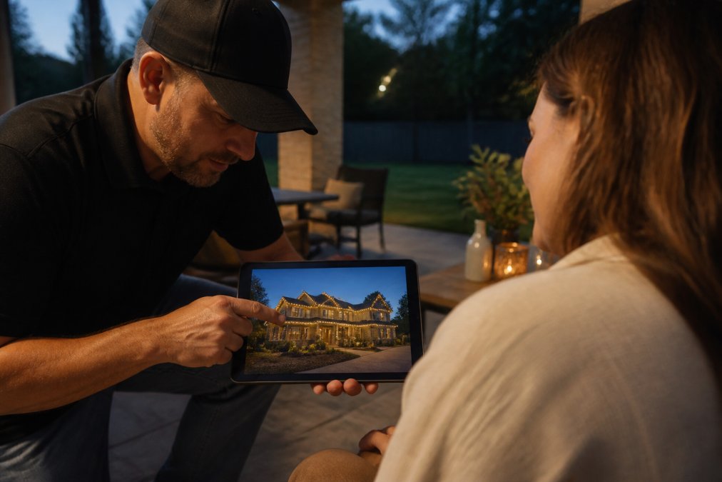A homeowner reviewing photos of professionally installed holiday lights on a tablet while a service provider points to details of a two-story roofline display at dusk