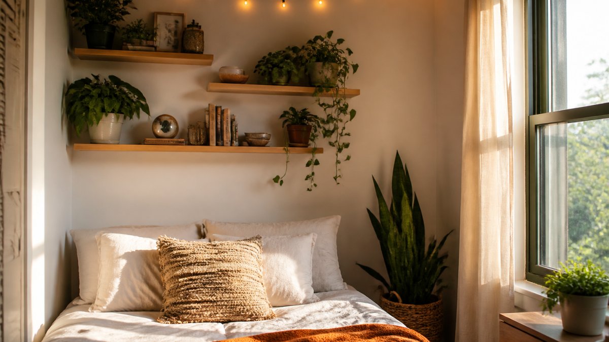 Compact bedroom with floating shelves displaying plants, books, and decorative objects at varying heights, warm string lights overhead, and a cozy throw pillow on the bed in natural afternoon light