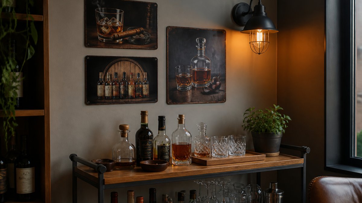 A cozy home bar corner with three aluminum bar signs arranged above a wooden bar cart, a warm wall light casting a soft glow, whiskey bottles and glasses on the cart below