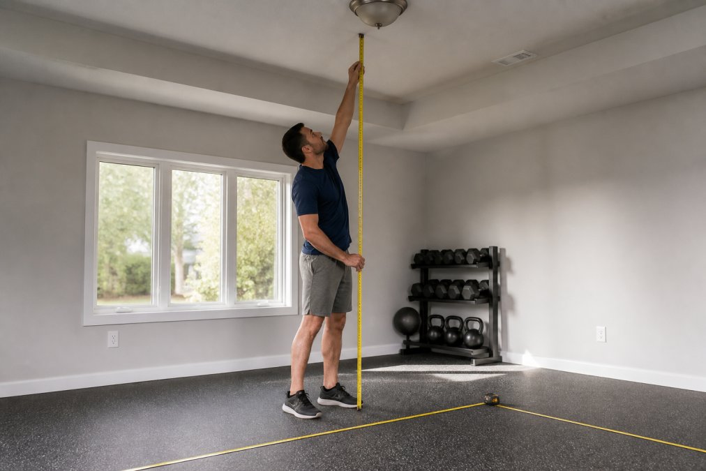 Person using tape measure to check ceiling height and floor dimensions in a residential room with natural light from windows, measuring both vertical and horizontal space