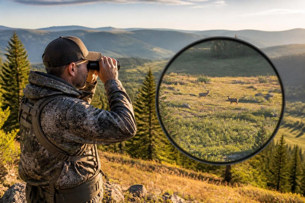 Hunter standing on ridge glassing distant terrain with binoculars, showing landscape view through magnified optics with wildlife visible in the distance, golden hour lighting