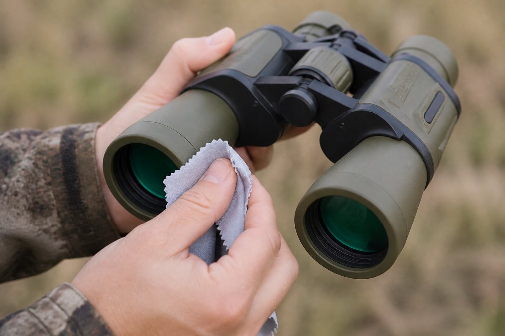 Close-up of hands carefully cleaning binocular objective lens with soft microfiber cloth in outdoor field setting, showing proper technique with natural daylight