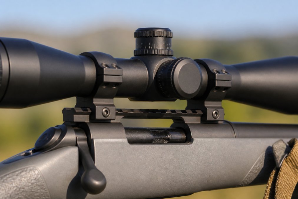 Close-up of a rifle scope mounted on a rifle with adjustment turrets visible, showing how the scope sits on Picatinny rails with mounting rings