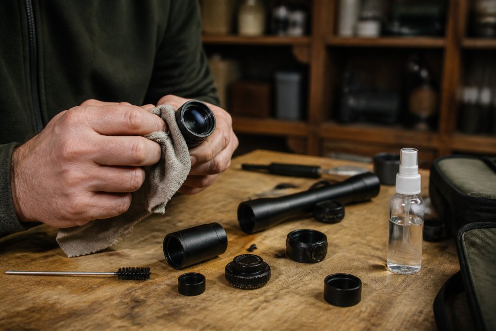Hands cleaning a scope lens with a soft cloth and lens cleaning solution, with the scope partially disassembled on a workbench