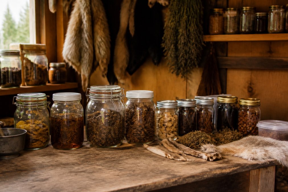 Glass jars and sealed containers of natural trapping baits and lures arranged on a worn wooden workbench in a rustic outdoor shed, with dried herbs and animal pelts visible in the background under warm incandescent light
