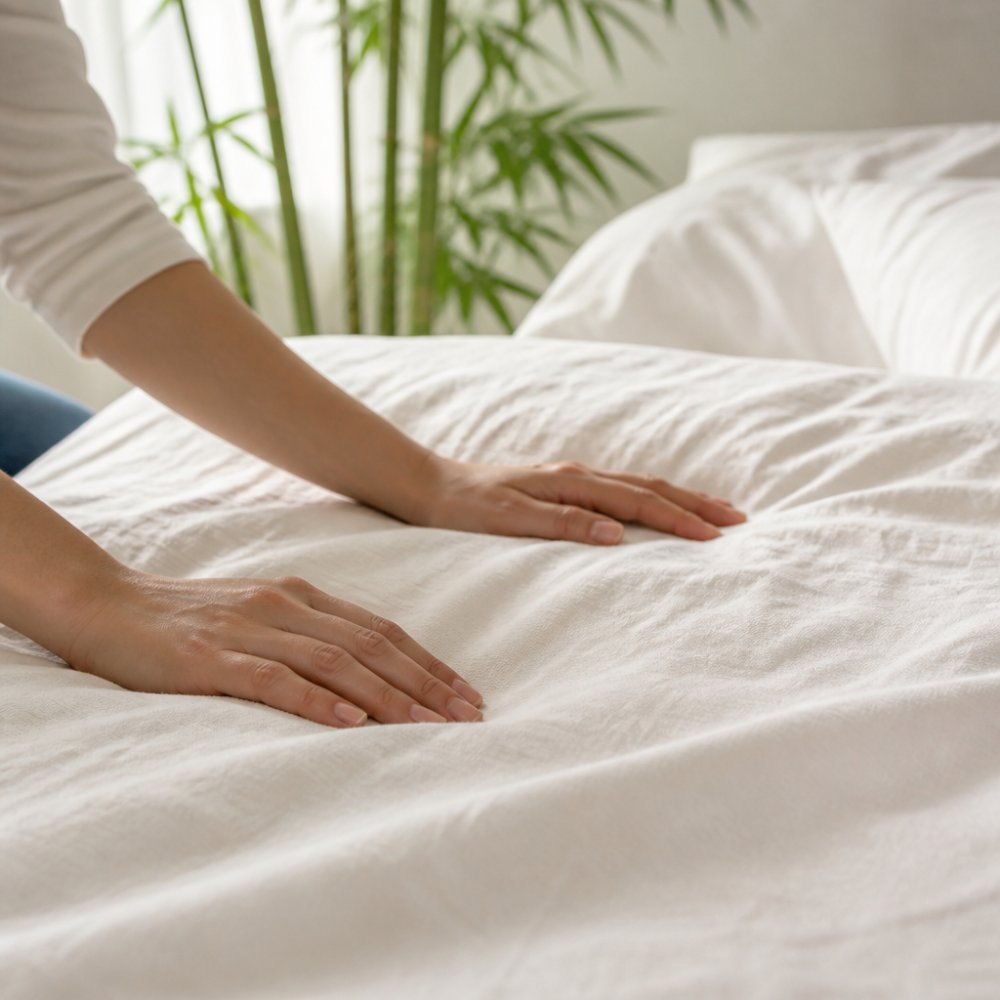 Hands gently touching a soft cotton quilt cover, part of a hypoallergenic luxury bedding set in a bright bedroom.