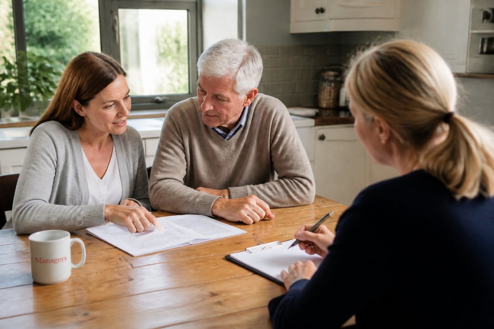 An adult daughter sitting at a kitchen table with her elderly father, reviewing paperwork together while a professional care assessor takes notes on a clipboard nearby, warm natural light in a comfortable home setting