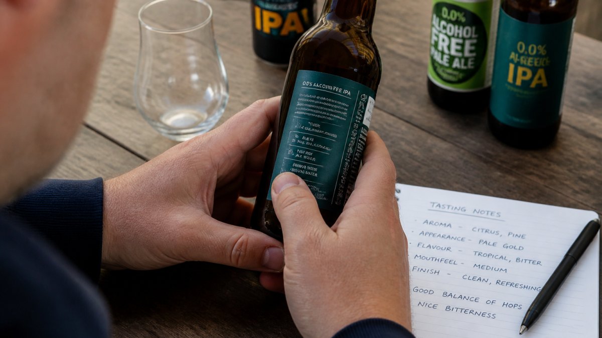 Close-up of someone examining a 0% IPA bottle label, checking hop varieties and brewing details against a wooden table with tasting notes nearby