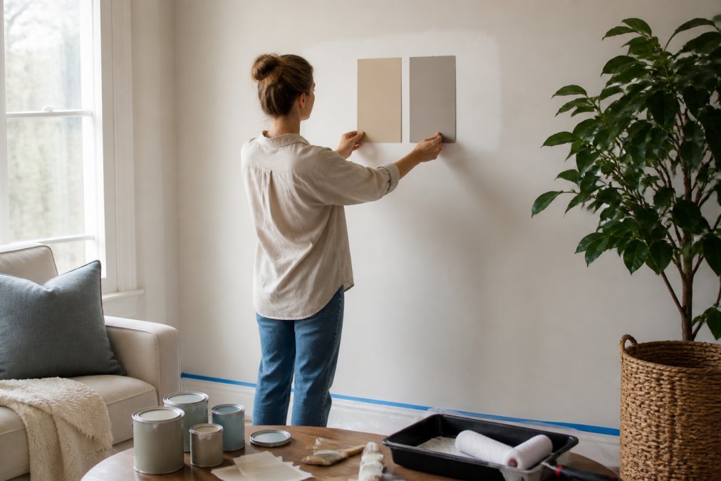 A homeowner holding large paint swatches against a freshly primed wall in a bright living room, comparing two neutral tones side by side in natural light
