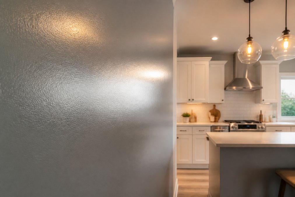 Close-up of a freshly painted kitchen wall with a semi-gloss finish catching the light, with white cabinetry and warm pendant lighting visible in the background