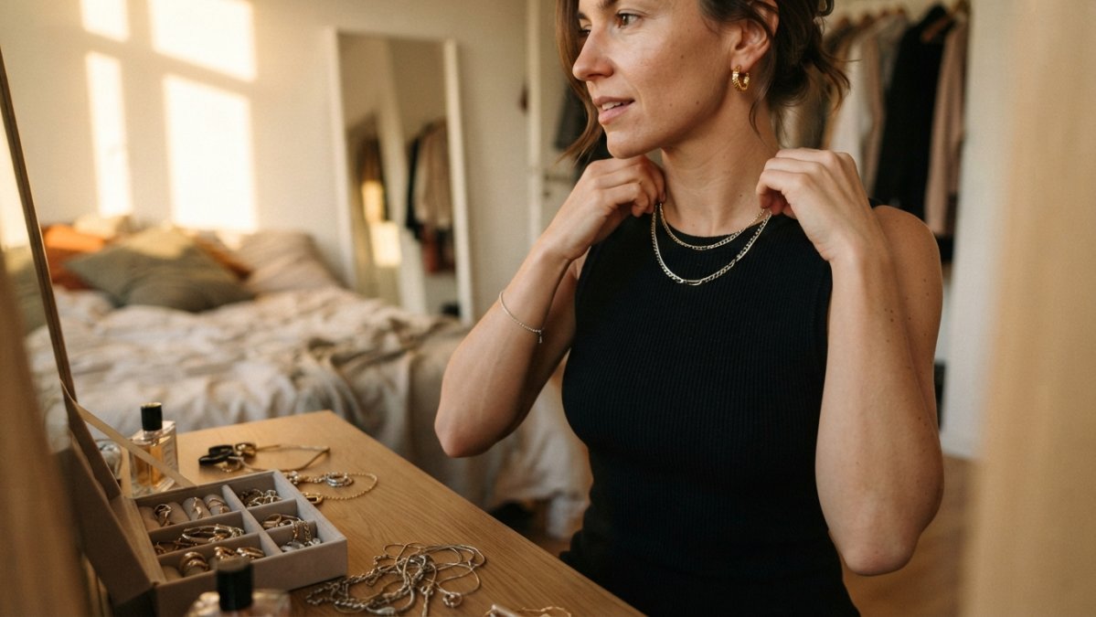 Woman in a black dress wearing layered metal necklaces and statement earrings for a night out look
