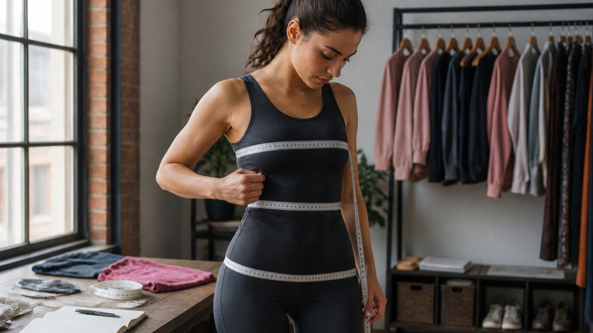 Woman measuring her bust, waist, and hip measurements with a soft measuring tape while wearing fitted clothing, standing in natural daylight