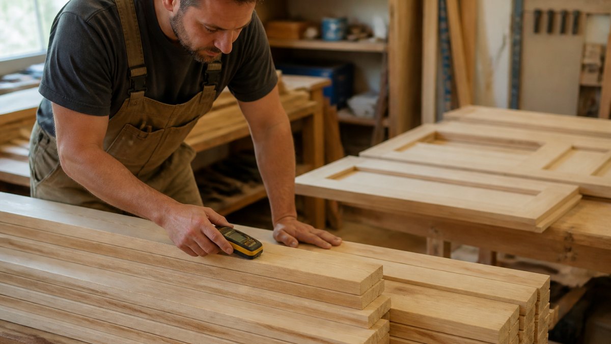 Woodworker using a moisture meter to test a stack of kiln dried lumber in a cabinetmaking shop