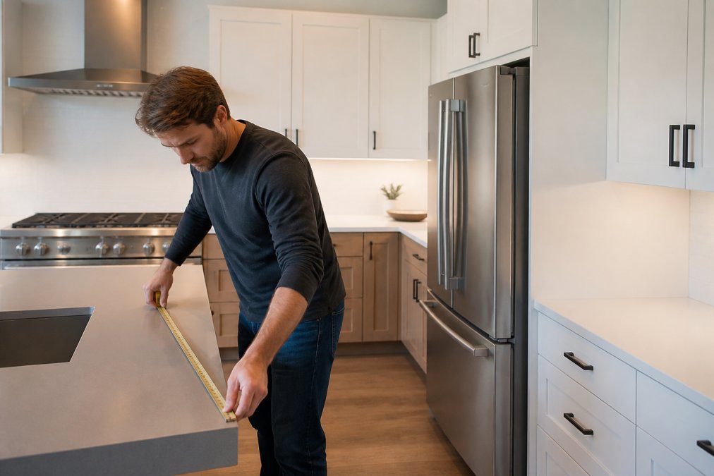 Homeowner measuring kitchen counter space with tape measure, examining cabinet layout and appliance placement in a modern kitchen