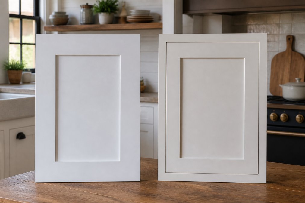 Shaker and inset cabinet doors side by side in a bright farmhouse kitchen to help choose the right style.