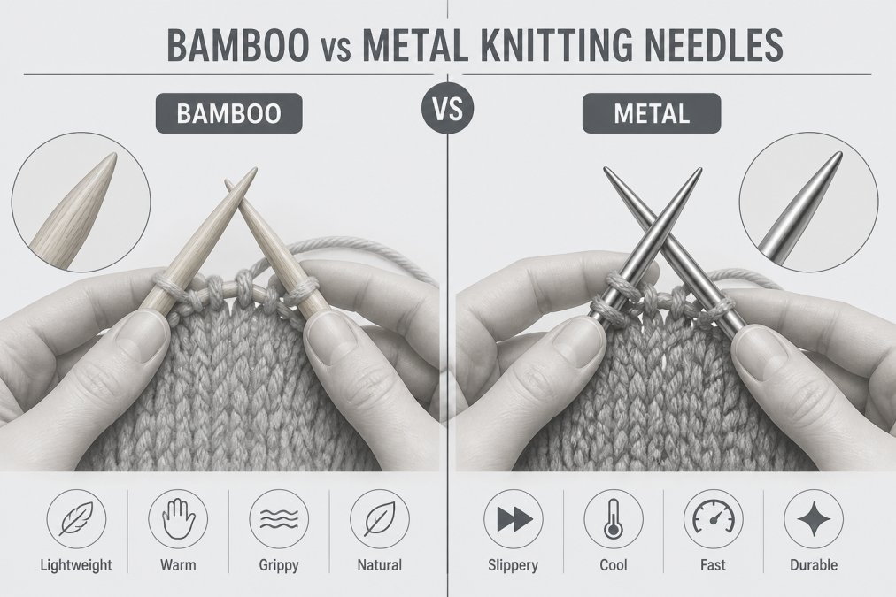 Close-up of hands holding bamboo and metal knitting needles side by side, showing texture and material differences with yarn in progress, warm studio lighting