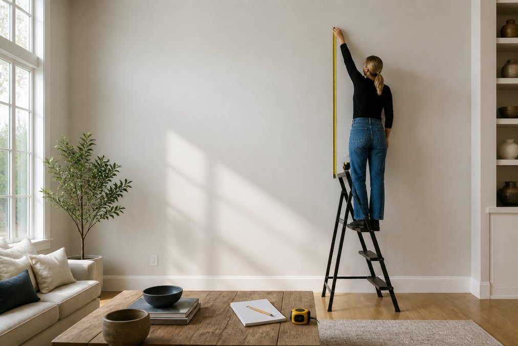 A person standing on a step stool holding a tape measure against a tall living room wall, with a notepad and pencil nearby, natural light streaming in